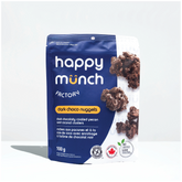 Front of Happy Munch Dark Choco Nuggets Chocolaty coated pecan and coconut clusters on a white background
