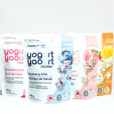 Four packages of happy munch yogurt products on a white background