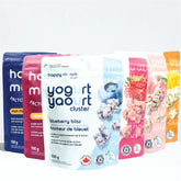 Assorted packages of Happy Ranch yogurt clusters on a white background