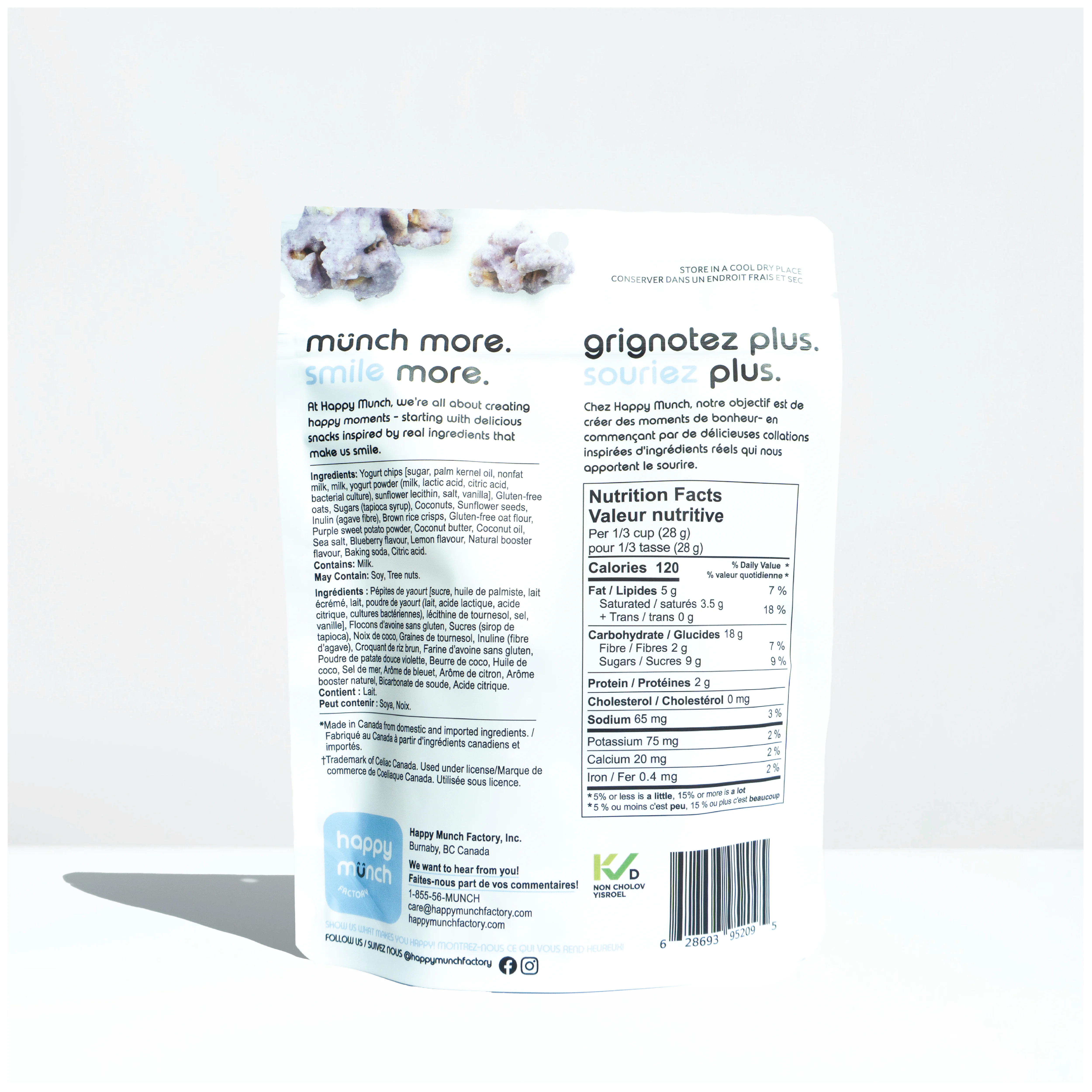 Back of a Happy Munchy Blueberry Bliss oats and brown rice yogurt cluster packaging 