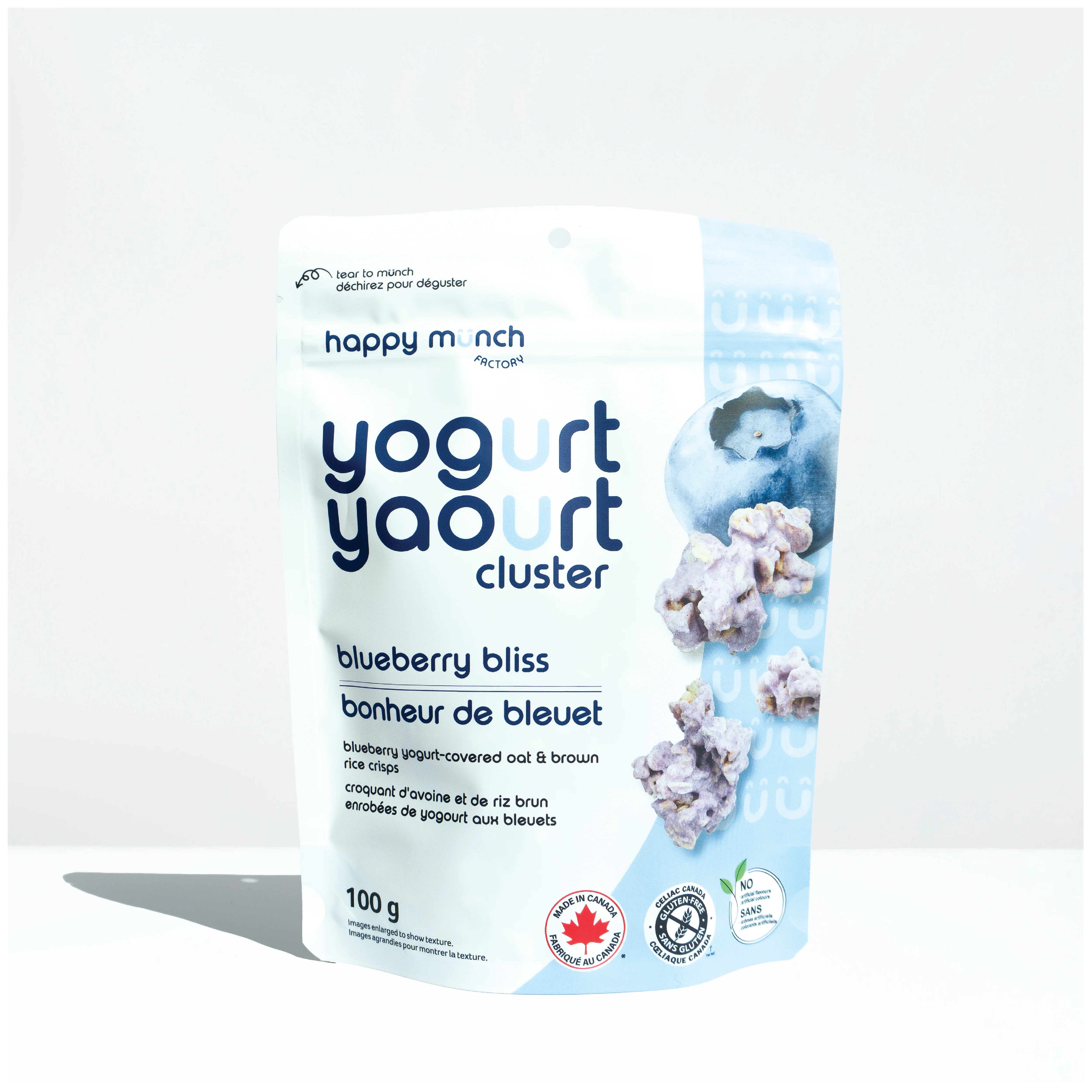 Front of Happy munch blueberry bliss yogurt cluster package on a white background