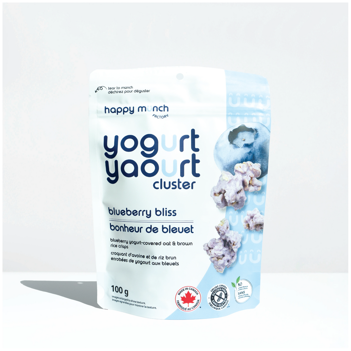 Front of Happy munch blueberry bliss yogurt cluster package on a white background