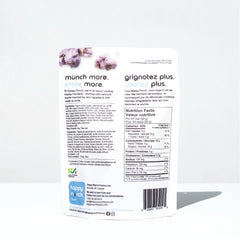 Back of a Happy Munchy Blueberry Bliss oats and brown rice yogurt cluster packaging.