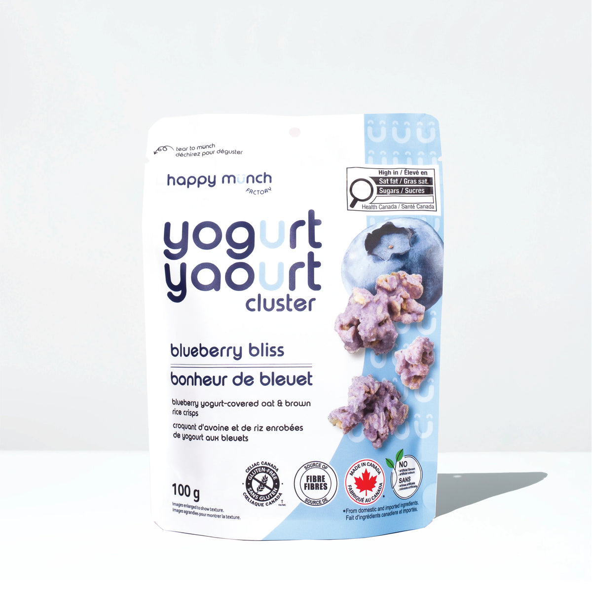 Front of Happy munch blueberry bliss yogurt cluster package on a white background.