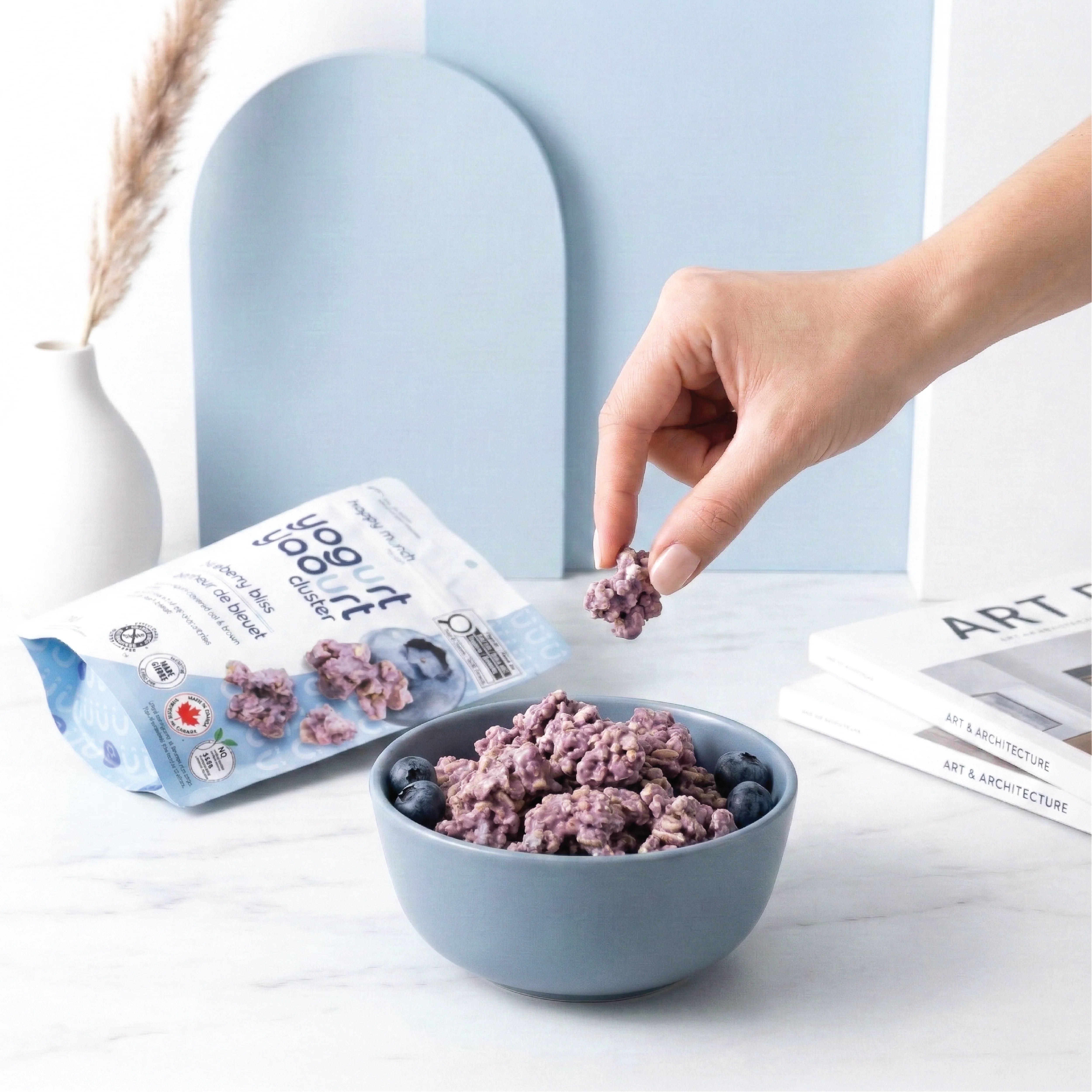Happy Munch Blueberry Bliss Yogurt Cluster with a bowl