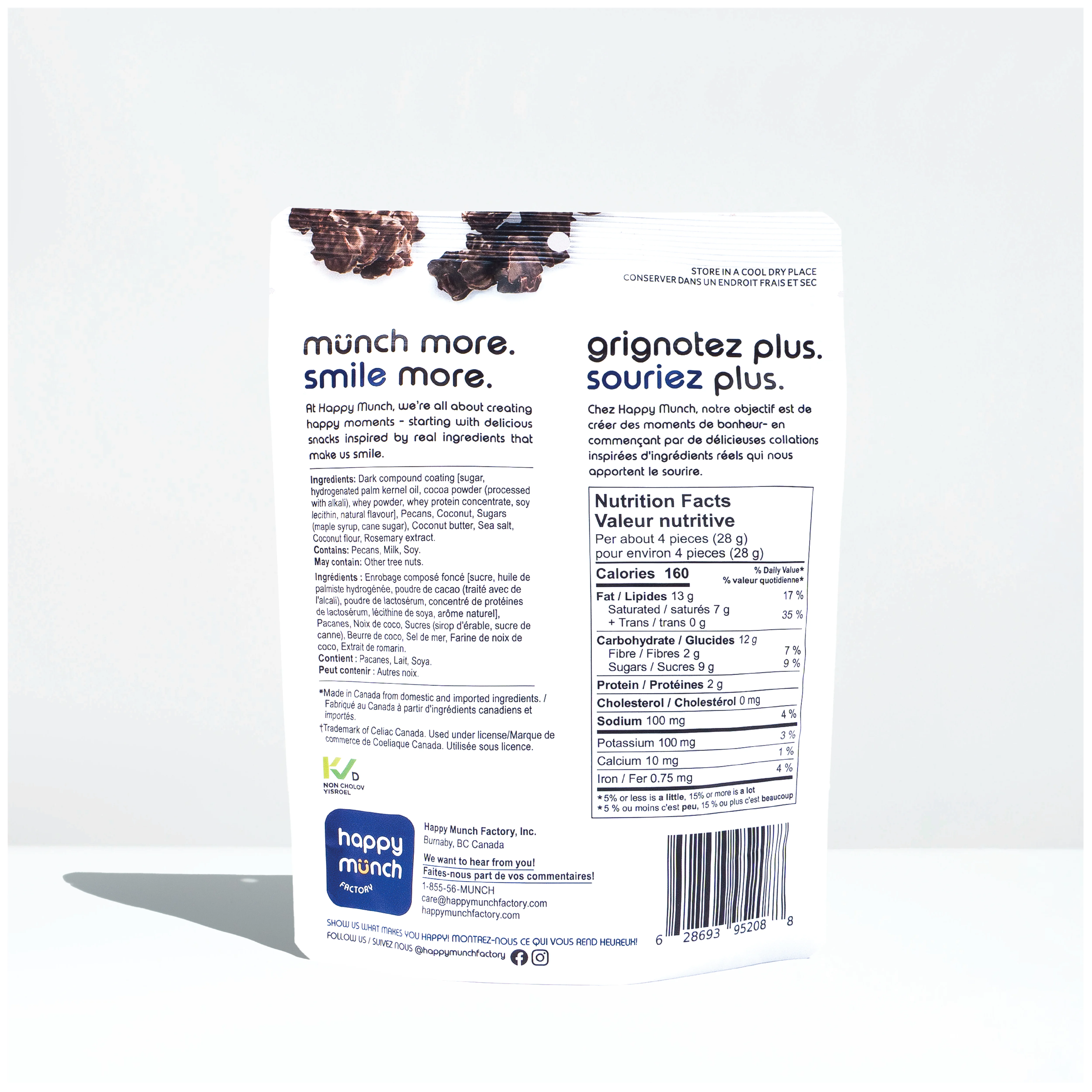 Back of Happy Munch Dark Choco Nuggets Chocolaty coated pecan and coconut clusters on a white background