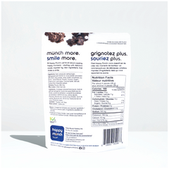 Back of Happy Munch Dark Choco Nuggets Chocolaty coated pecan and coconut clusters on a white background