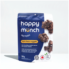 Front of Happy Munch Dark Choco Nuggets Chocolaty coated pecan and coconut clusters on a white background