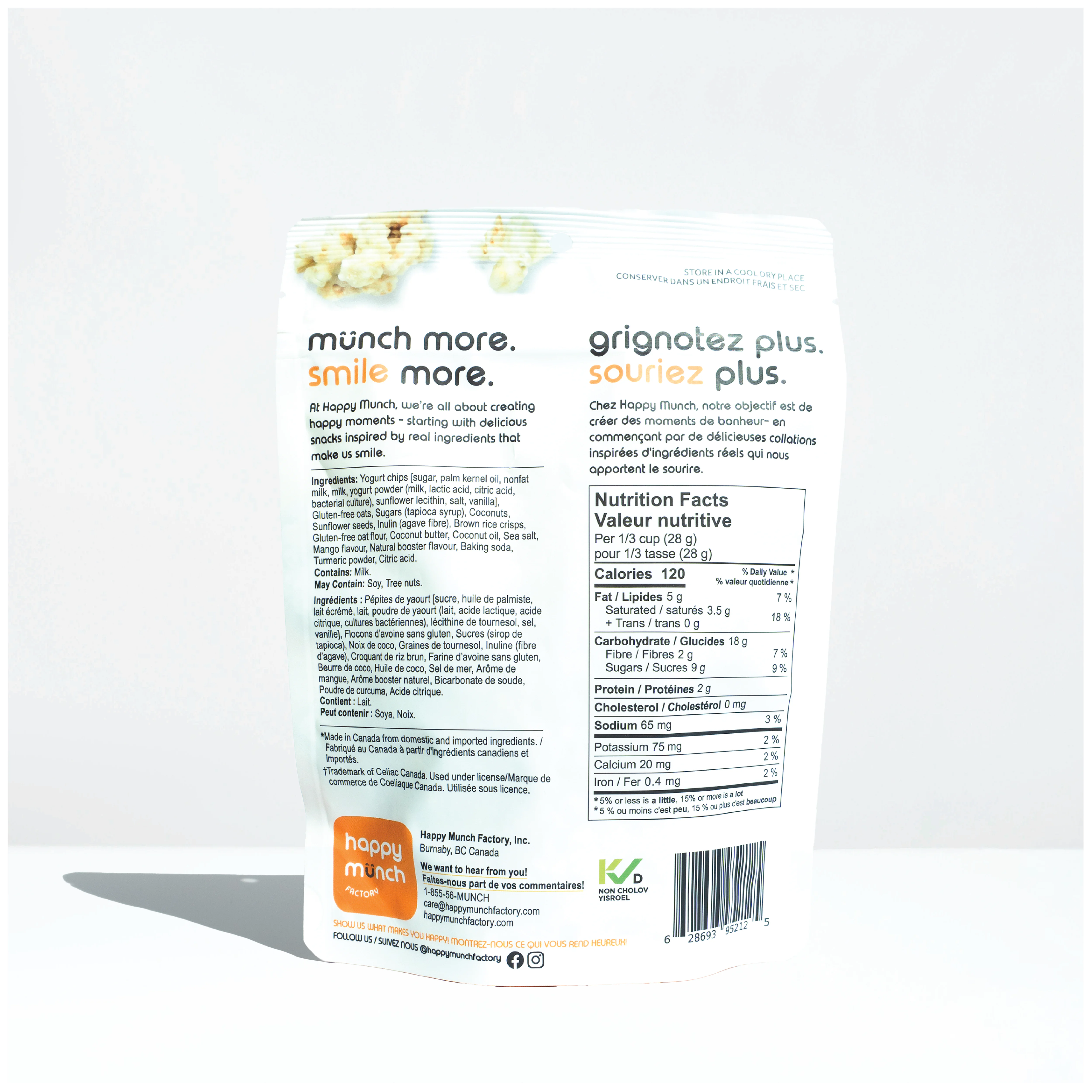 Back of a Happy Munchy Mango Mania oats and brown rice yogurt cluster packaging