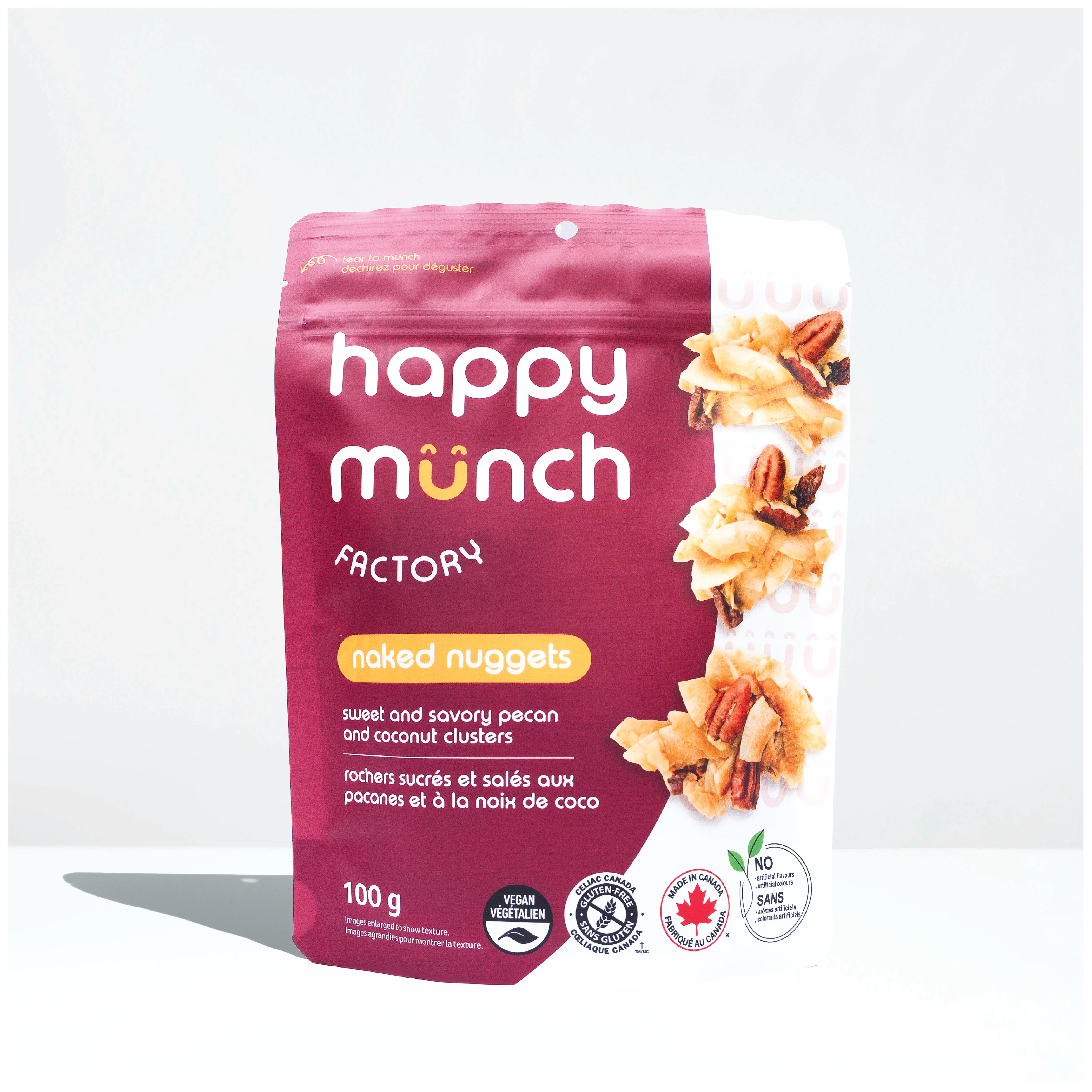 Front of Happy Munch Factory naked nuggets packaging on a white background