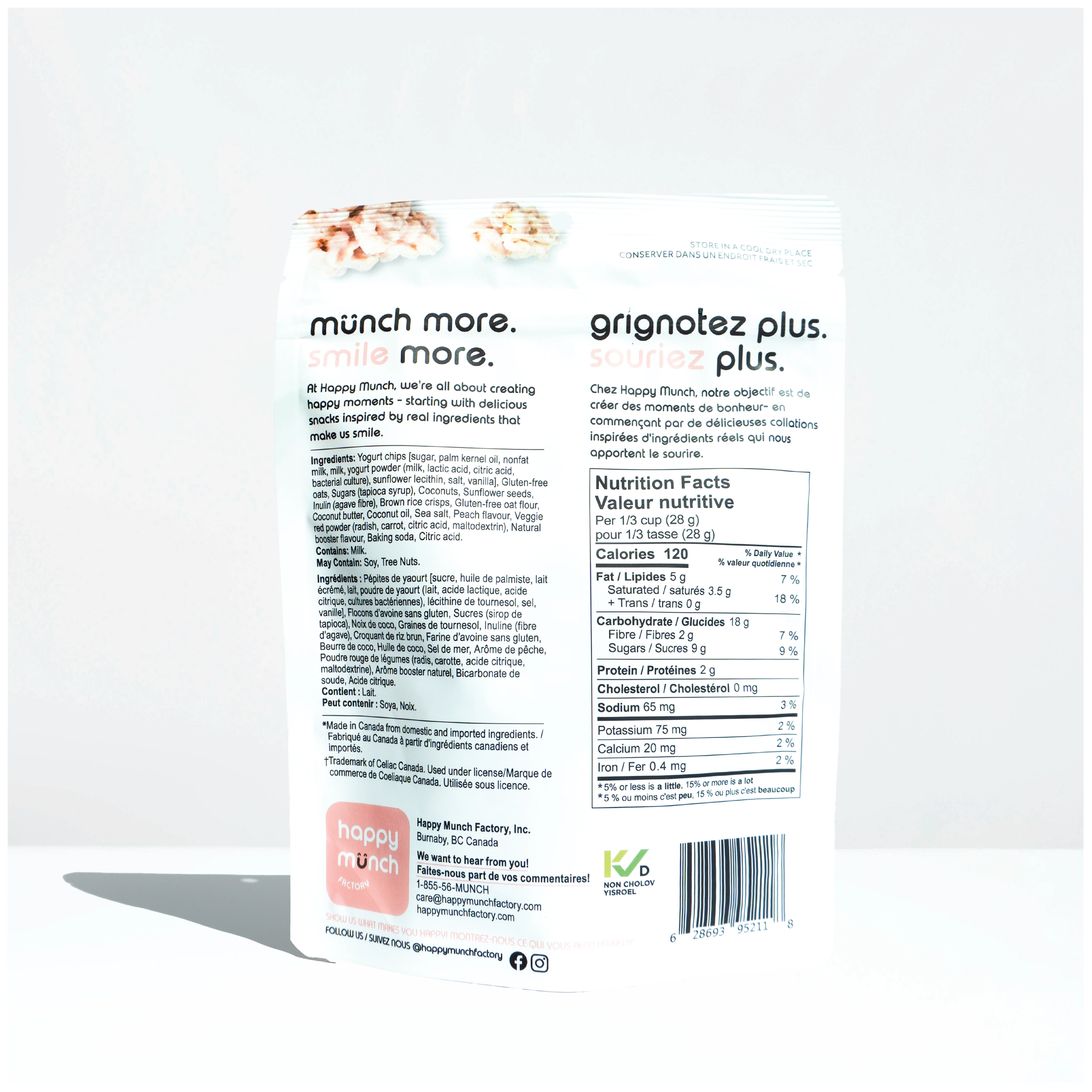 Back of a Happy Munchy Peach Paradise oats and brown rice yogurt cluster packaging