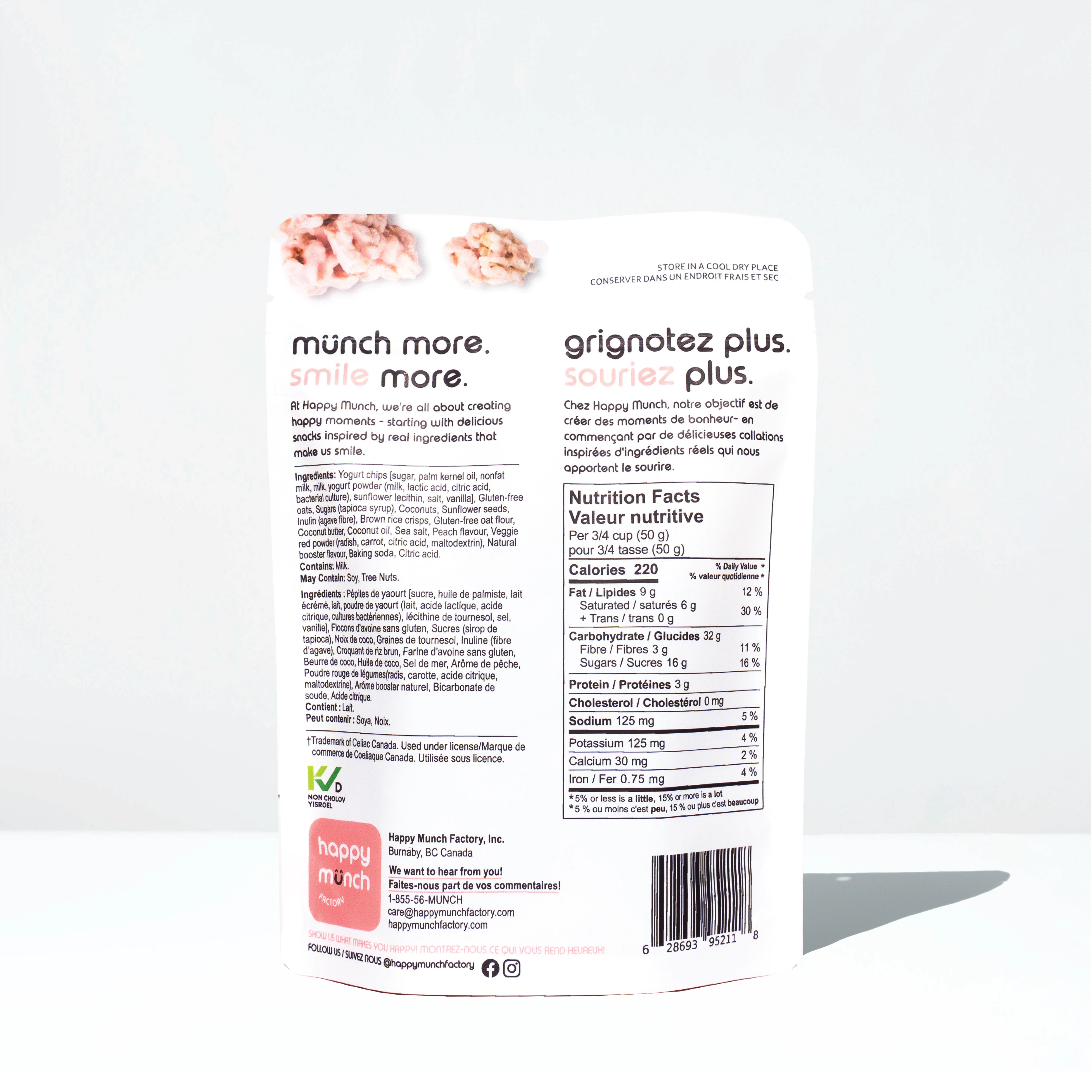 Back of a Happy Munchy Peach Paradise oats and brown rice yogurt cluster packaging