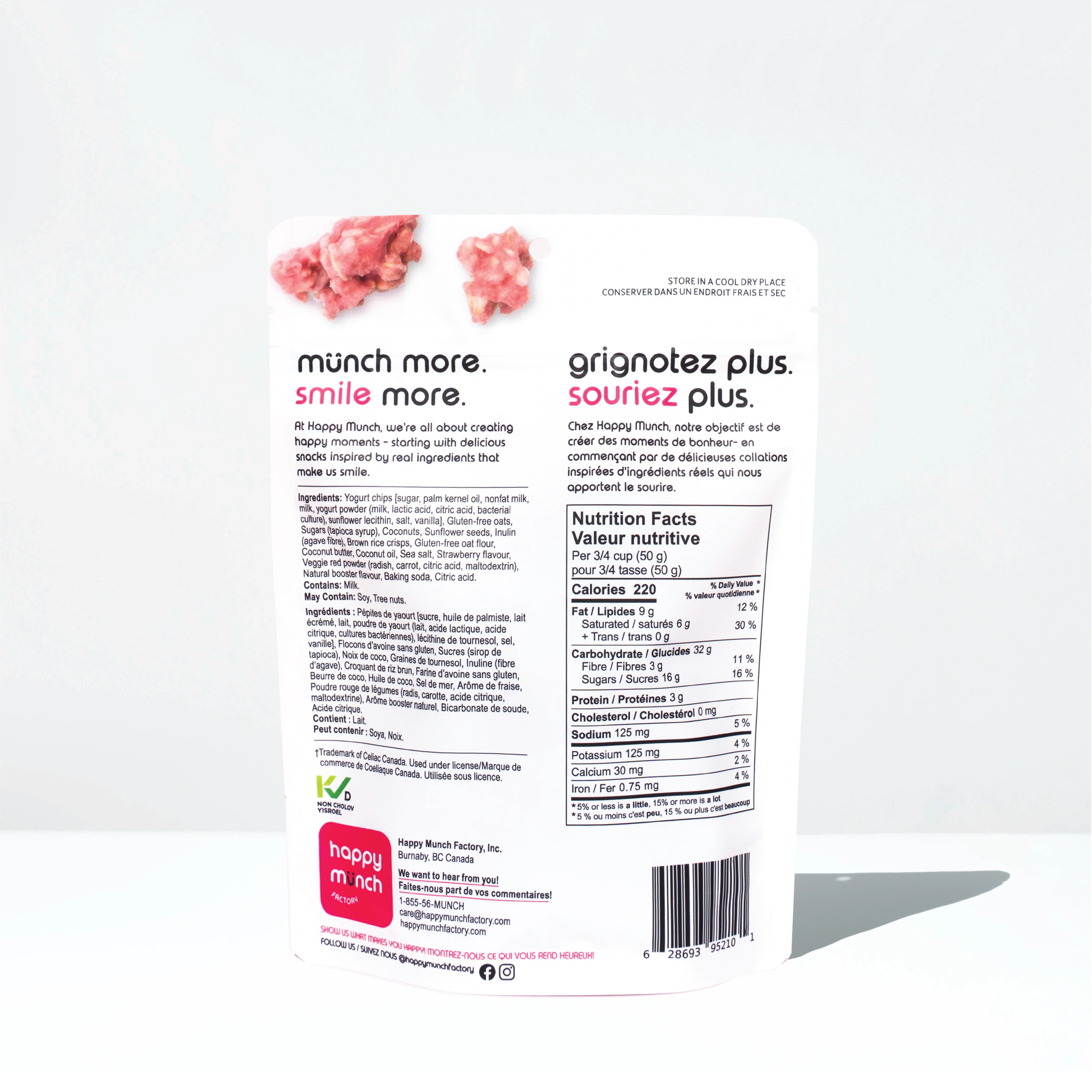 Back of a Happy Munchy Strawberry Splash oats and brown rice yogurt cluster packaging