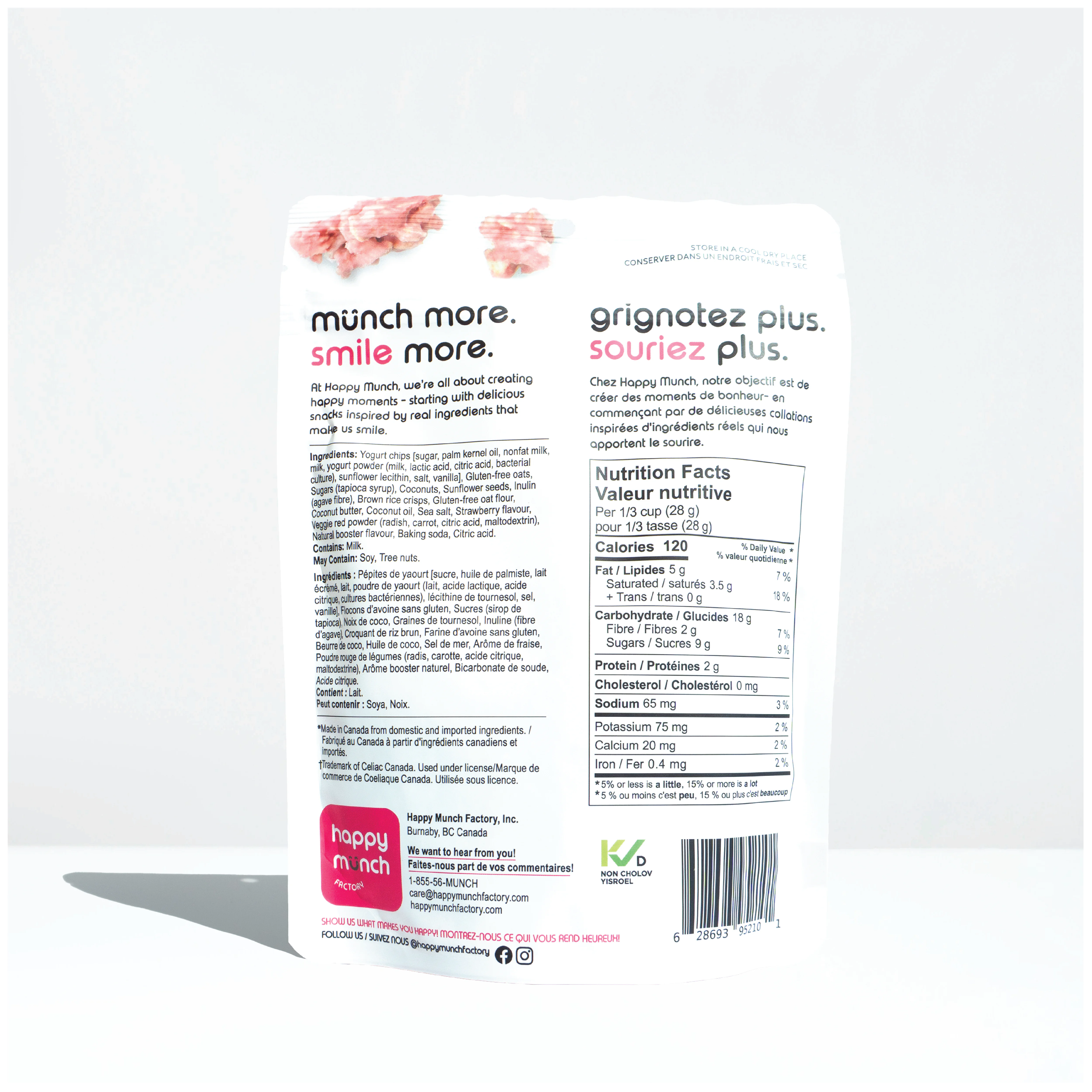 Back of a Happy Munchy Strawberry Splash oats and brown rice yogurt cluster packaging
