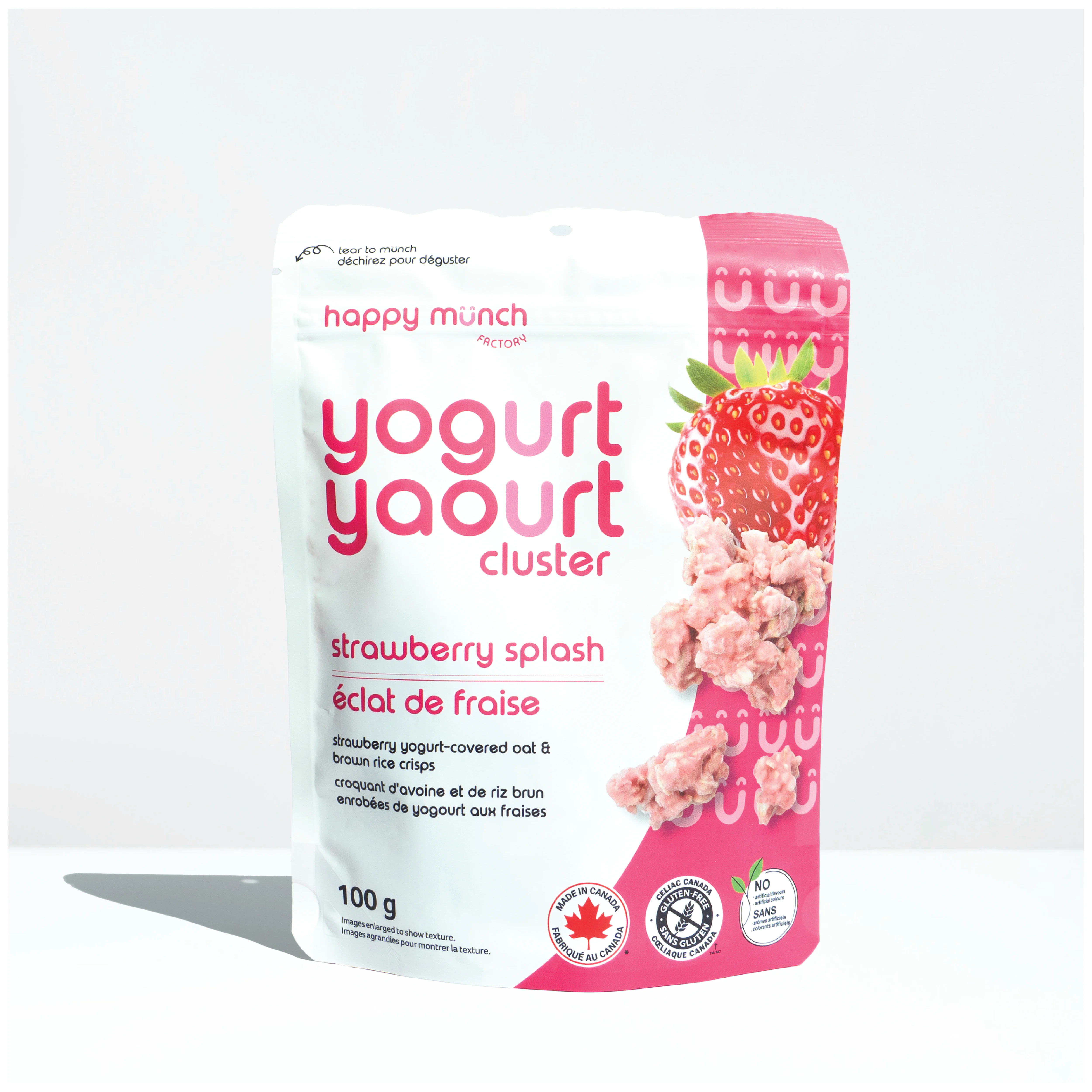 Front of Happy Munch Strawberry Splash yogurt cluster packaging on a white background