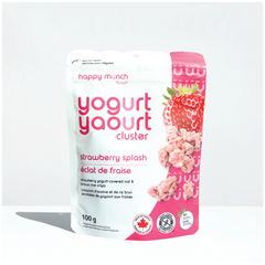 Front of Happy Munch Strawberry Splash yogurt cluster packaging on a white background