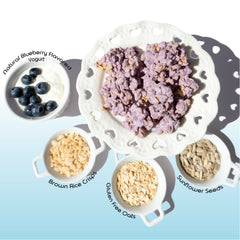 Happy Munch Blueberry Bliss yogurt clusters on a white plate with bowls of blueberries, brown rice crisps, gluten-free oats, and sunflower seeds.