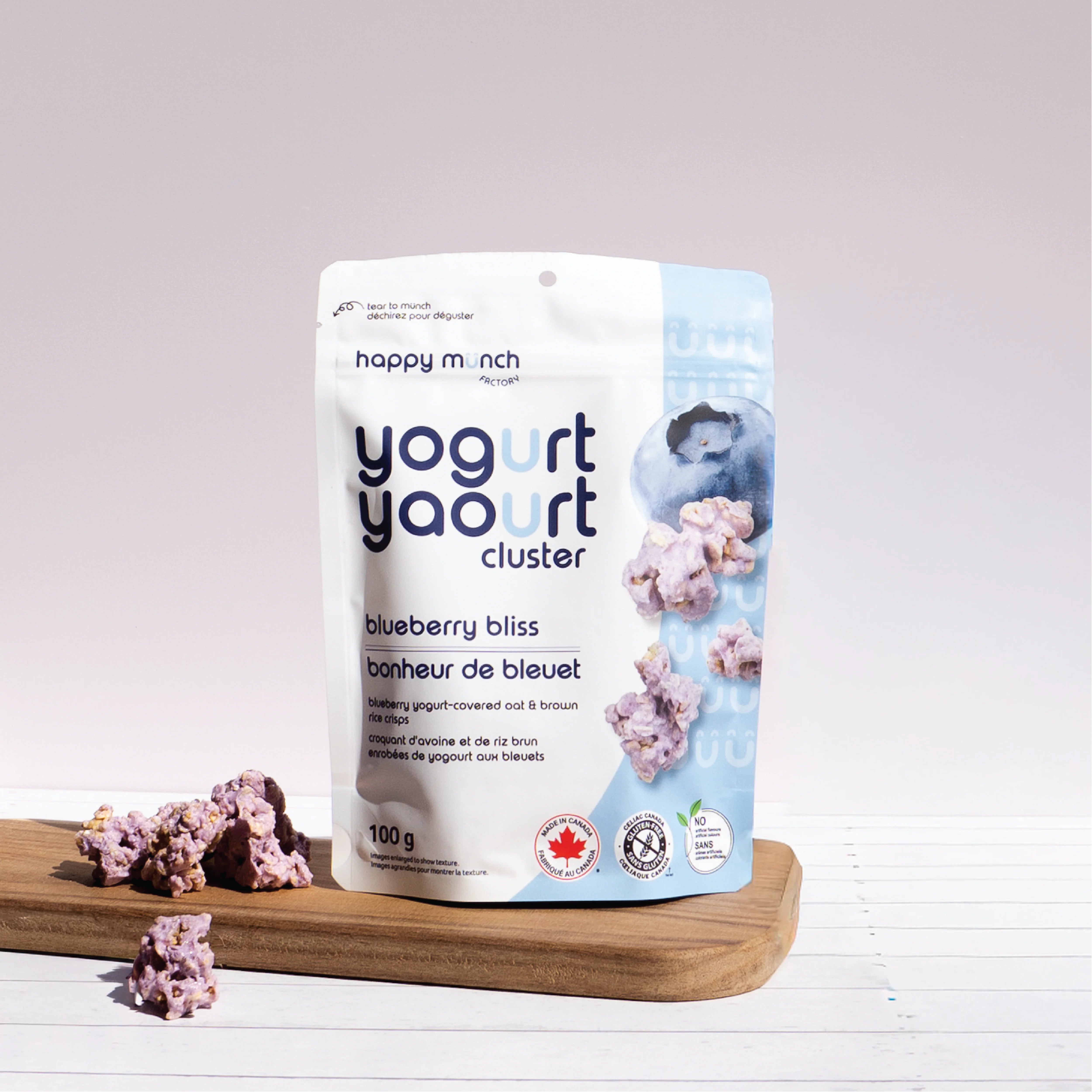 Happy Munch Blueberry Bliss Yogurt cluster package with clusters on a white background