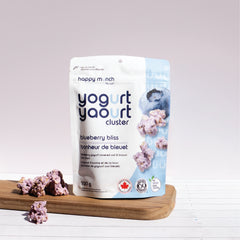 Happy Munch Blueberry Bliss Yogurt cluster package with clusters on a white background