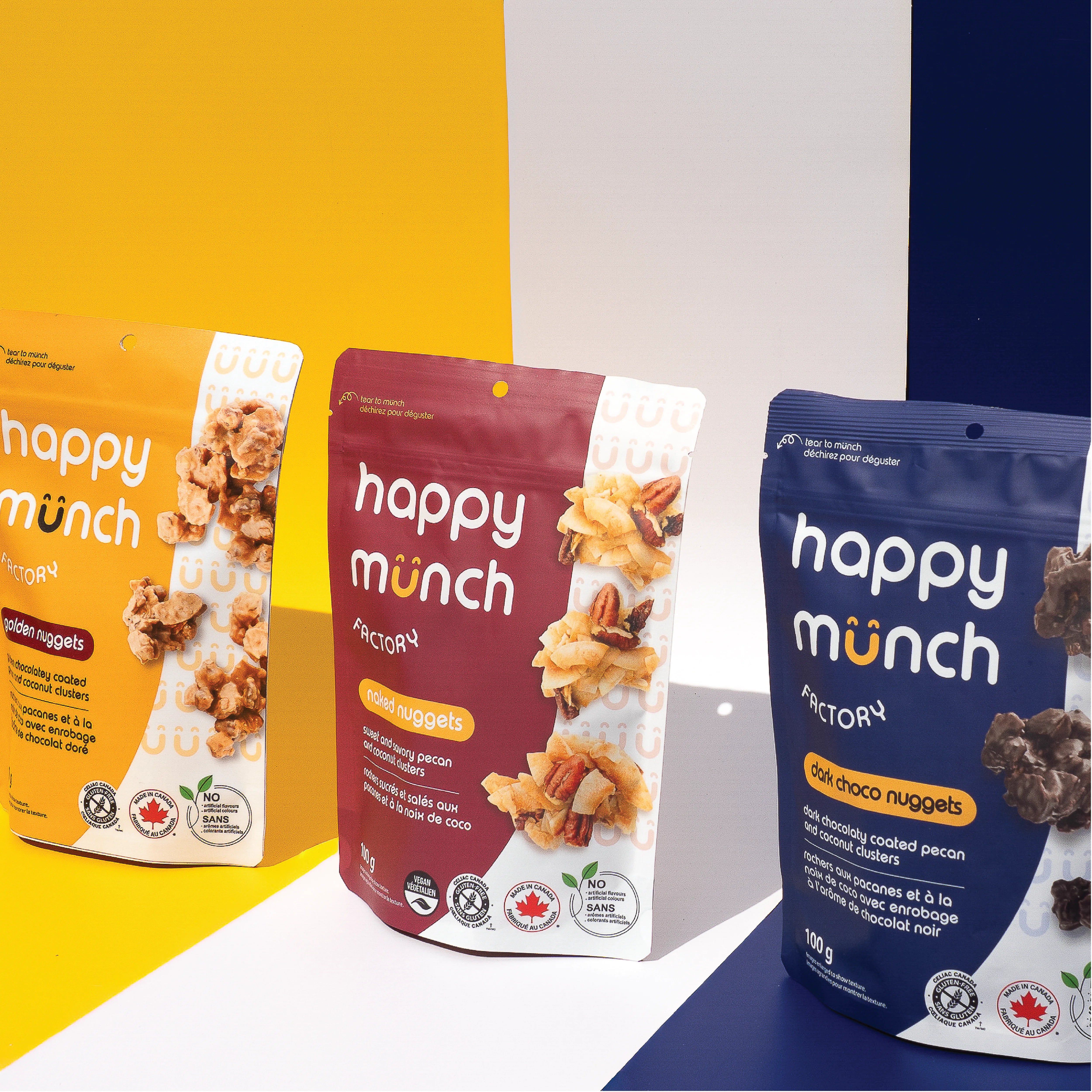 Happy Munch Nugget pouches on colored backgrounds