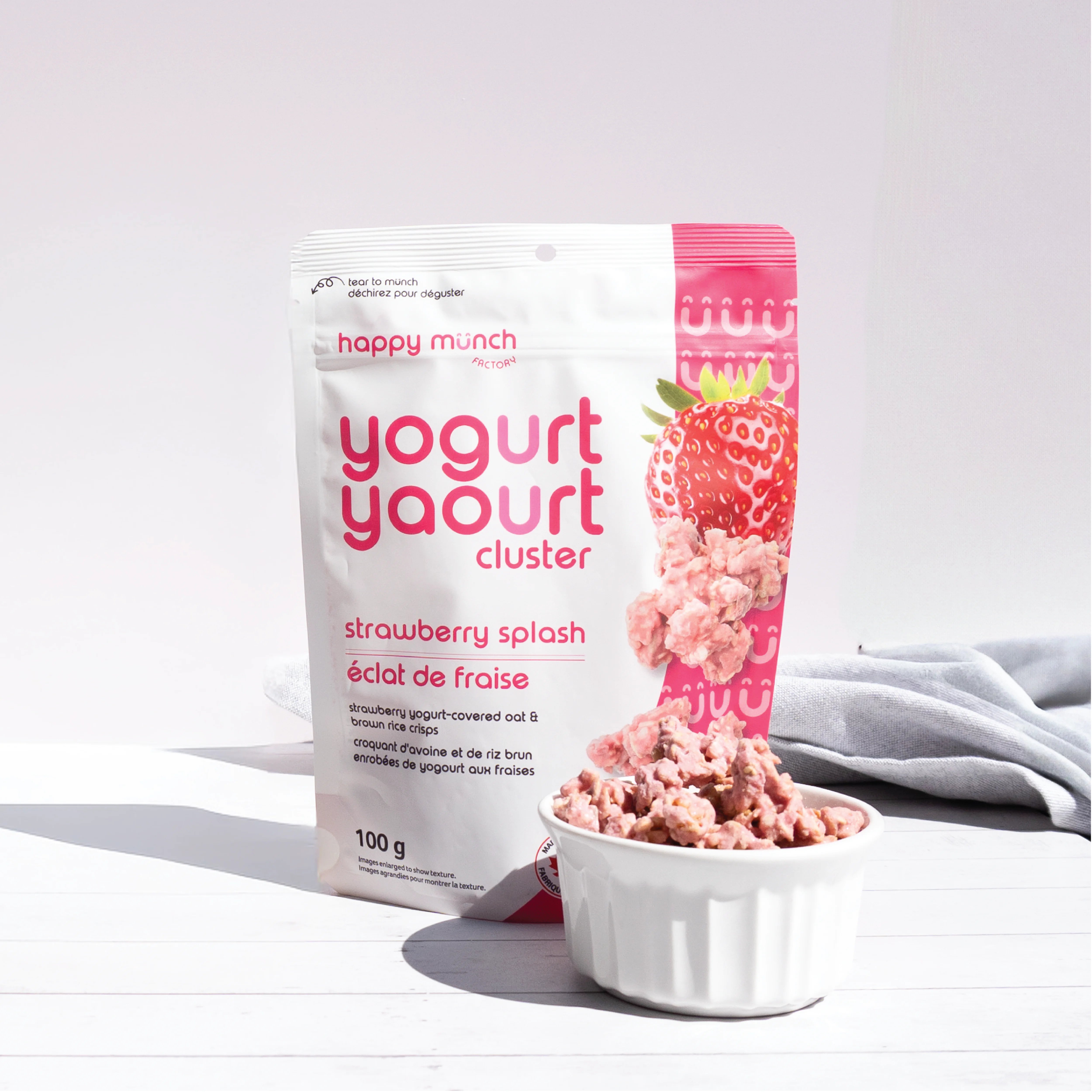 Happy Munch Strawberry splash yogurt cluster package on a white background